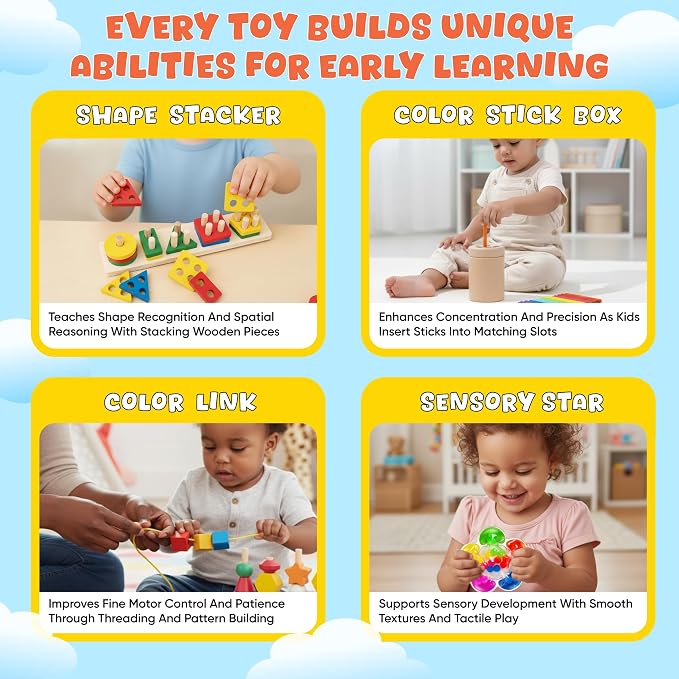 8-in-1 Busy Hands Fine Motor Skills Toys Kit for Toddler, Montessori Toys Set for 3+ Years Old, Learning & Education Toys, Color Shape Sorter, Stacking Toys, STEM, Wooden Toys