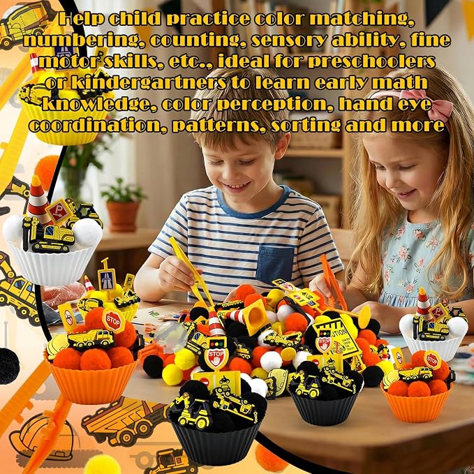 150 Pcs Construction Sensory Bin Items Construction Counting Sorting Sensory Bin Filler Fine Motor Vehicles Road Signs Counts for Easter Spring Summer Sorting Counti