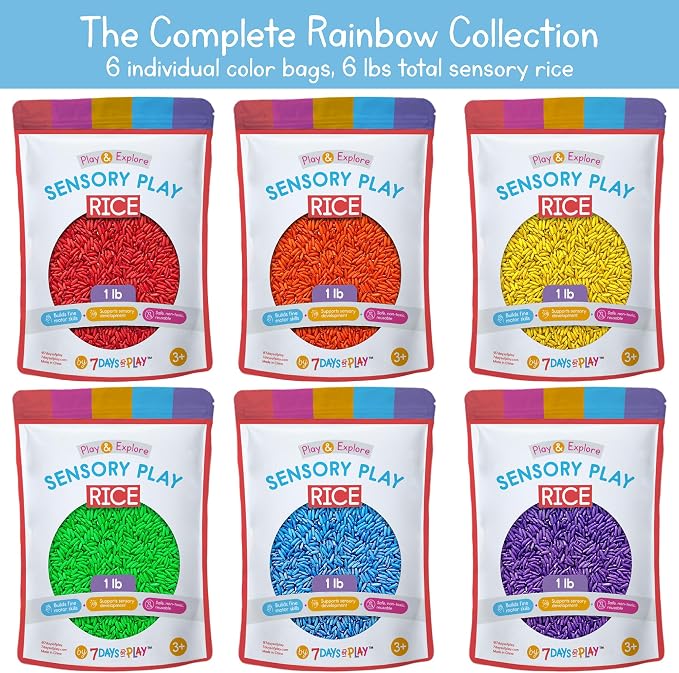 Sensory Play Rice for Kids, 6 Pack (6 lbs Total), 6 Individually Sealed 1 lb Bags, Non-Toxic Colored Rice for Sensory Bin Fillers, Fine Motor Activities, Crafts & Learning Play