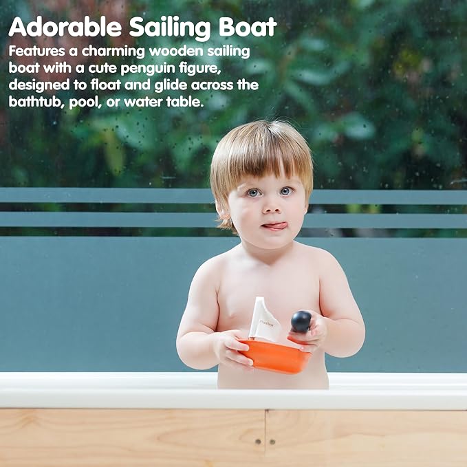 PlanToys® Wooden Penguin Sailing Boat Bath Toy for Toddlers, Montessori | wooden penguin sailing boat, montessori floating bath toy, water play, bathtub pool water table, kids toddlers imaginative pl