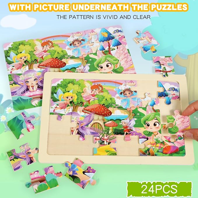 Wooden Princess Puzzles for Kids Age 3 4 5 Year Old, 4 Pack 24 Pcs Montessori Toddler Jigsaw Puzzles for Girl boy Activities Preschool Learning Educational Birthday Gift Travel Autistic Wooden Toys