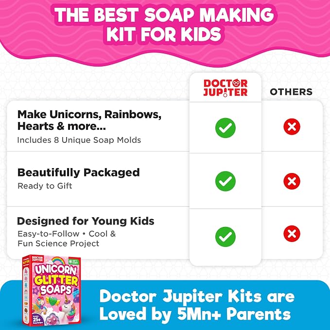 Doctor Jupiter Unicorn Glitter Soap Making Kit for Kids Ages 6+ | Unicorn Toys, Birthday Gift Ideas for Girls 6,7,8,9,10 Year Olds, Science Kits for Kids Ages 5-7-8-12, STEM Toys, DIY Craft