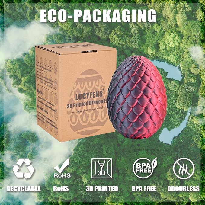 12" 3D Printed Dragon Eggs with Dragon, Articulated 3D Fidget Toys for Kids | Crystal 3D Dragon Toys for Boys Girls, Small 3d Printed Animals, Dino Dinosaur Eggs Toys, Easter Basket Stuffers（Black Red）
