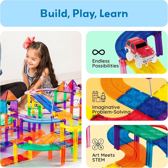 PicassoTiles 128pcs Magnetic Race Car Track Building Block Educational Toy Set Tiles Magnet Playset 3 LED Car STEM Learning Construction Kit Fine Motor Skill Training Brain Development for Kids Age3+ | 3 Light-up LED car fun, multi-level slope design, ...