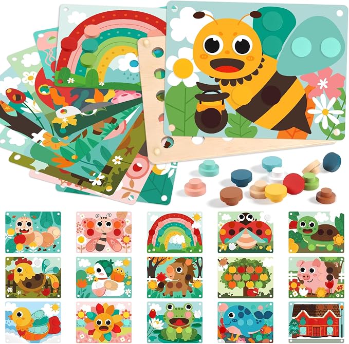 Button Art Toys for Toddlers, Mosaic Peg Board Toddler Color Matching Game | Wooden Puzzles for Toddlers 3-5, Color Matching Mosaic Pegboard with 30Button & 16Card Learning Resources Gift for Boys Girls