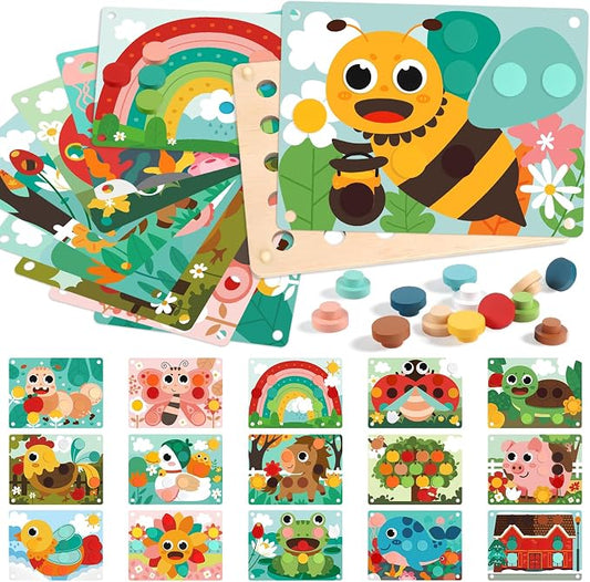 Button Art Toys for Toddlers, Mosaic Peg Board Toddler Color Matching Game | Wooden Puzzles for Toddlers 3-5, Color Matching Mosaic Pegboard with 30Button & 16Card Learning Resources Gift for Boys Girls