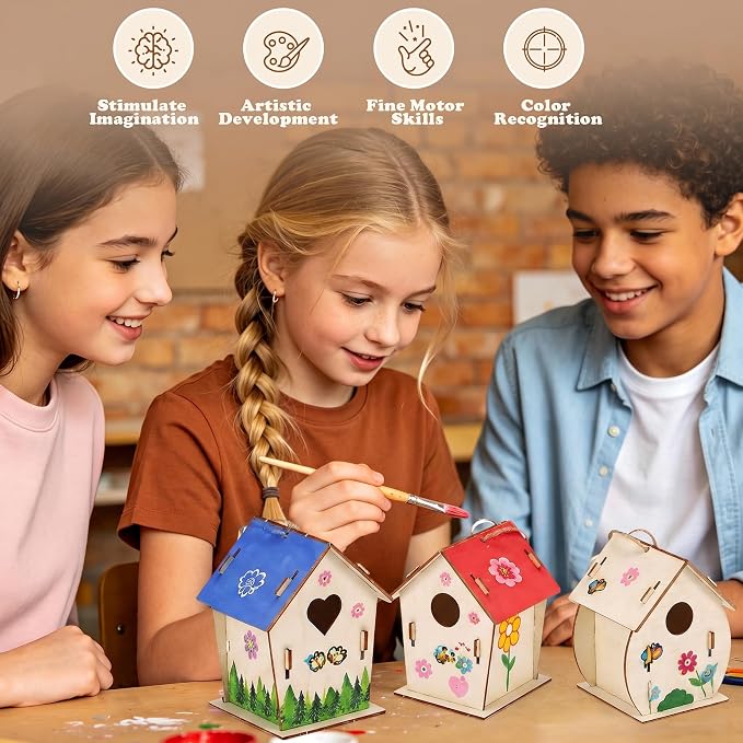 BlockPro 24 Pack Bird House Kits for Kids with Paint & Brushes, DIY Wooden Birdhouse Painting Set, Spring Summer Arts Projects, Educational Craft Gift for Birthday, Party, Parent-Child Activities