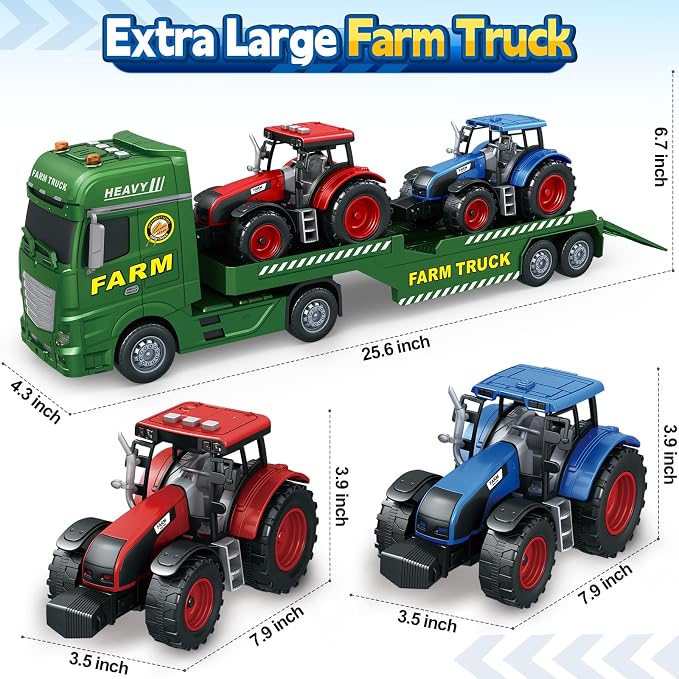 Bstoyder Toddler Boy Toys for 3 4 5 6 7 Years Kids, 25" Semi Flatbed Truck Toy with 2 Tractors, Friction Powered Vehicles Toys with Lights and Sounds, Birthday for Boy Girls