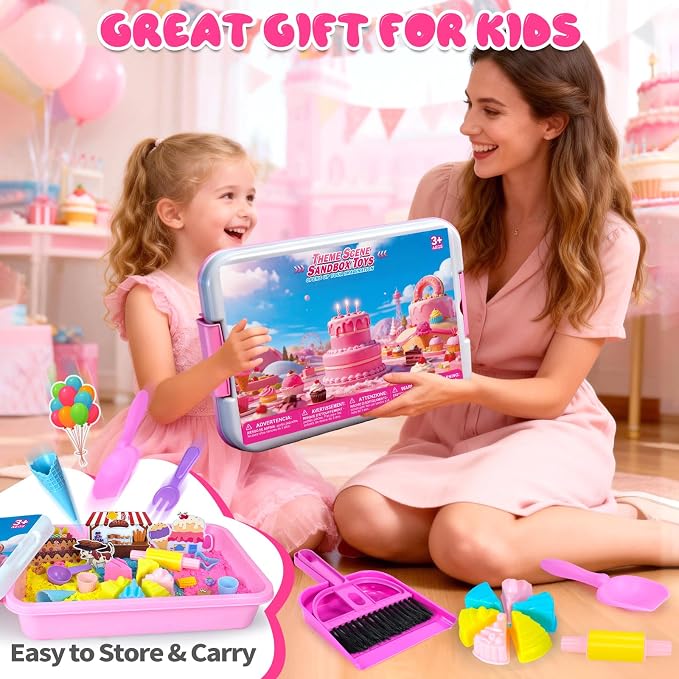 YongnKids Sensory Bin Cake & Ice Cream Sandbox for Kids Girls 3+ | Sand Art Kit w/Lid Sensory Toys include Cake Molds,Play Sand Tools, Ice Cream Toy Shop,Great Fun Gift for Girls Boys