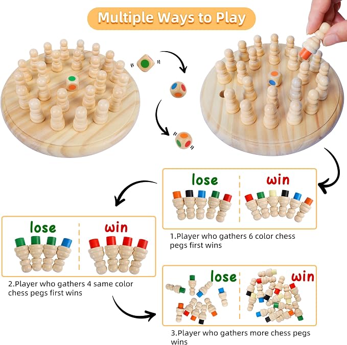 Gothink Wooden Memory Chess Matching Game, 7.5 Inch Wooden Memory Match Stick Chess Board Game, Educational Games for Kids, Montessori Preschool Toy for Toddler Birthday Gift
