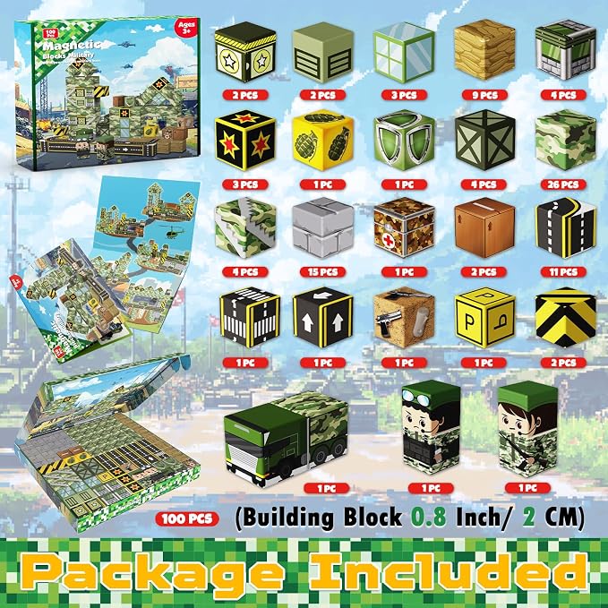 100PCS Magnetic Blocks - STEM Magnetic Building Blocks for Kids Military Construction Cube Toys Games, Educational Sensory Stacking Magnets Cube Toys for Kids Birthday Gifts Boys & Girls