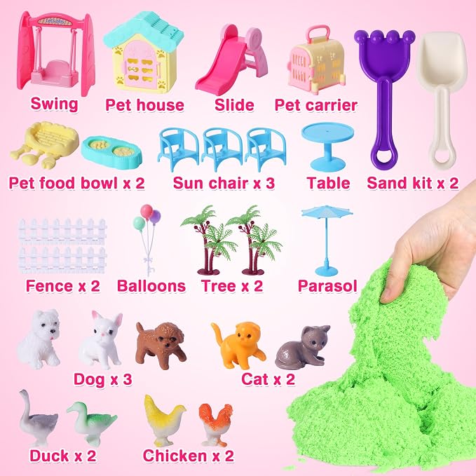 Billeeit. Pet Sensory Bin Sand Toy w/2.2lbs Green Moldable Sand | Dog ＆ Cat Play Sand Kit, Including 28pcs Accessories Total, Sand Box Toys Gift for Kids 3+ Boys and Girls Indoor Creativity