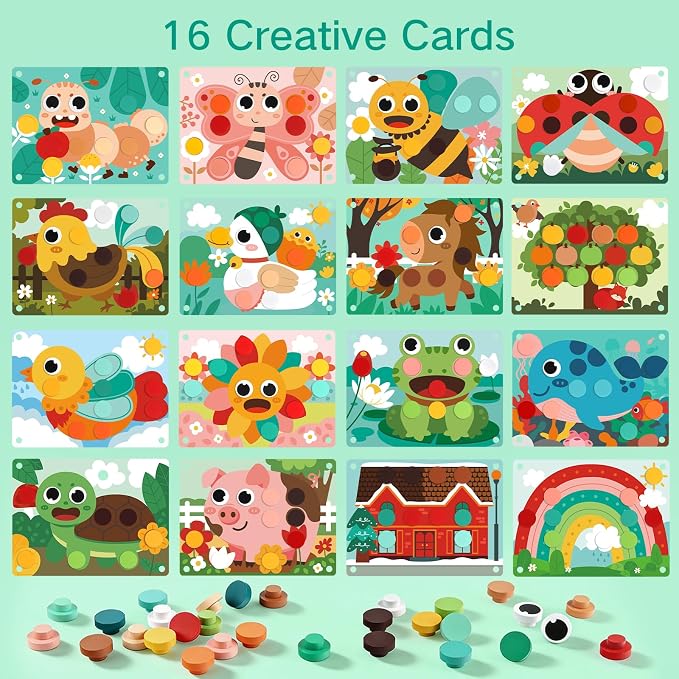 Button Art Toys for Toddlers, Mosaic Peg Board Toddler Color Matching Game | Wooden Puzzles for Toddlers 3-5, Color Matching Mosaic Pegboard with 30Button & 16Card Learning Resources Gift for Boys Girls