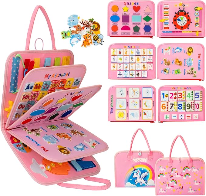 AIXMEET Toddler Busy Board Montessori Toys, Sensory Board Busy Book | toys for Toddlers 3456 Year Old , Preschool Learning Activities with Life, Shape,Color,Animal,Weather,8 Pages (Pink)