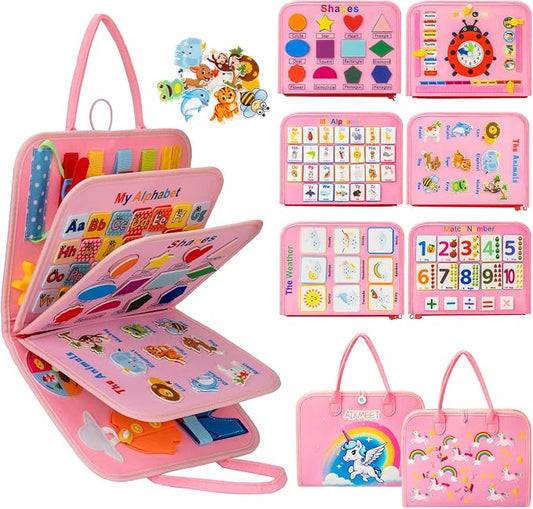 AIXMEET Toddler Busy Board Montessori Toys, Sensory Board Busy Book | toys for Toddlers 3456 Year Old , Preschool Learning Activities with Life, Shape,Color,Animal,Weather,8 Pages (Pink)
