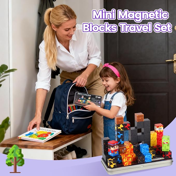 SYSKENI 35PCS Mini Magnetic Blocks Travel Set for Kids Ages 3-5 4-8 | Magnetic Blocks Travel Toys Portable Magnet Cubes STEM Learning Toys with Portable Iron Storage Box Christmas Birthday Gifts