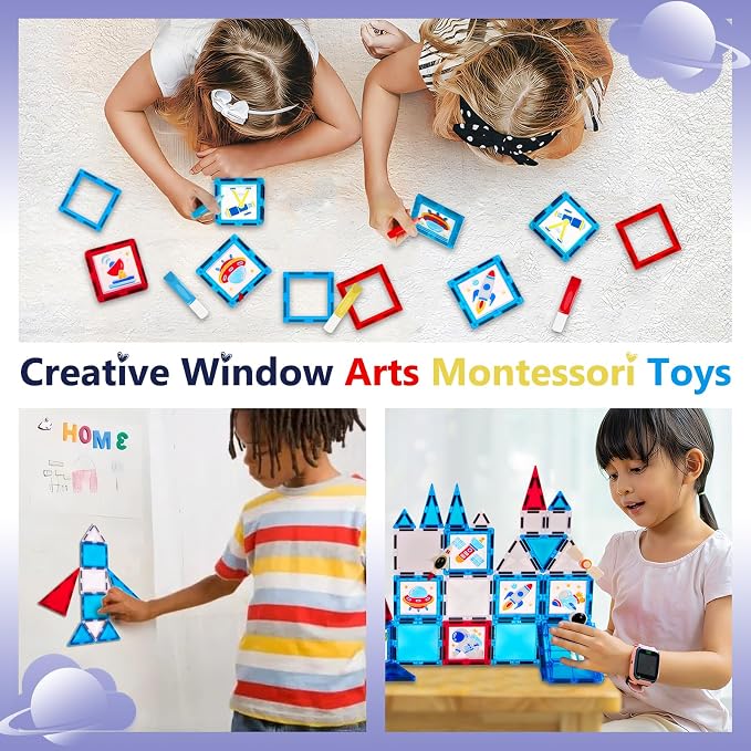 Magnetic Tiles 58 Pcs, Space STEM Building Blocks Toy for Kids | Inspires creativity, imagination, and problem-solving skills through hands-on STEM construction play