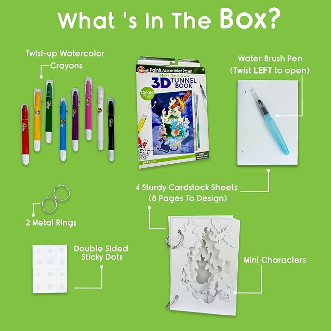 EyeConnect Crafts Dragons Mini 3D Tunnel Book – Hands-on Paper Craft Kit | Build, color & create a pop-in book! Mini animals, watercolor pastels & water brush included. Portable, screen-free fun! 3+