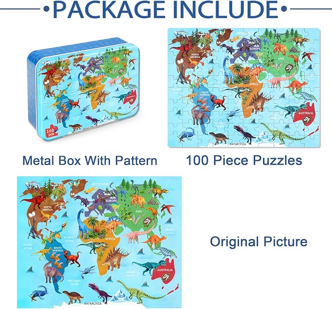 LELEMON Puzzles for Kids Ages 4-6,Dinosaur Map 100 Piece Puzzles for Kids Ages 6-8 in a Metal Box,Educational Jigsaw Puzzles,Childrens 100 Piece Puzzle Games Puzzle Toys for Girls and Boys