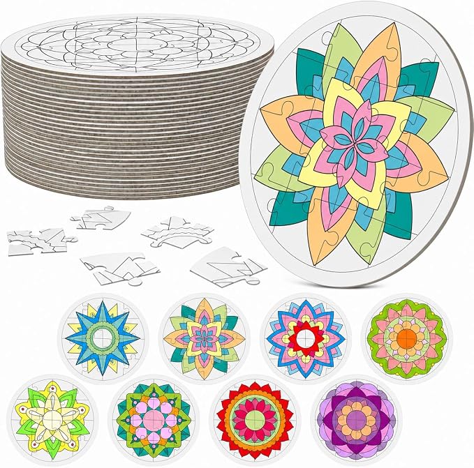 Cinrobiye 24 Pcs Diwali Mandala Coloring Jigsaw Craft Kits, Festival of Lights DIY Puzzle Activities for Classroom, Cultural Events, Holiday Party Favors, Creative Art Supplies