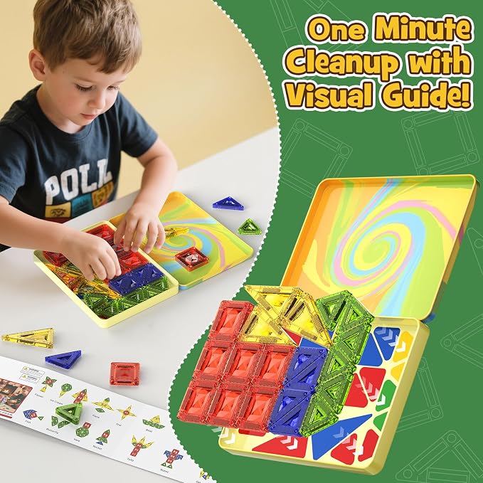 Mini Magnetic Tiles for Kids Travel: 40PCS Portable Building Blocks | Metal Storage Box & Visual Guide for 1-Minute Cleanup - Diamond Sparkle STEM Travel Toys for Toddlers Boys Girls Age 3-8
