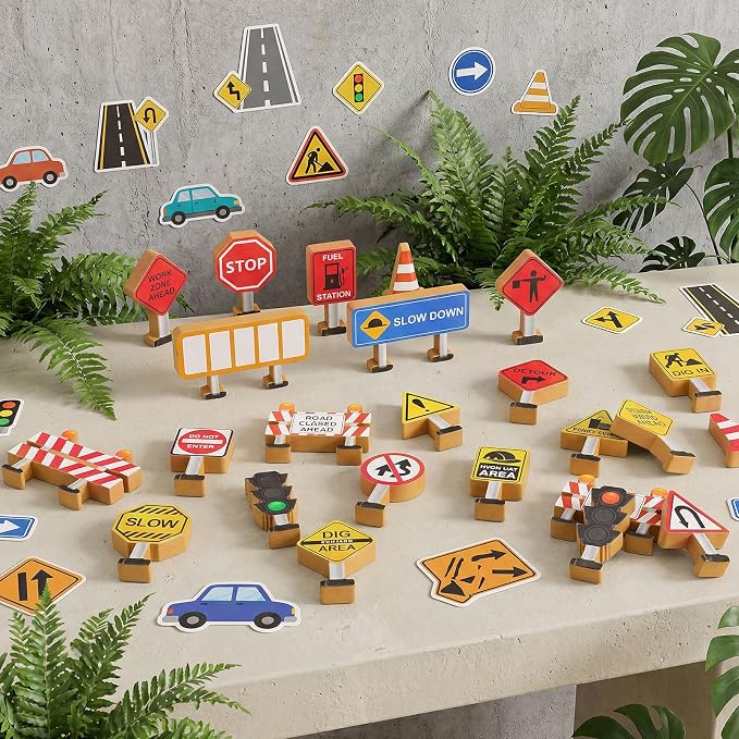 Blosssound 26 Pcs Wooden Toys for Preschool Classroom Construction Signals | Wooden Toys Set for Dramatic Play Center, Pretend Games for Kids Classroom, Educational Blocks