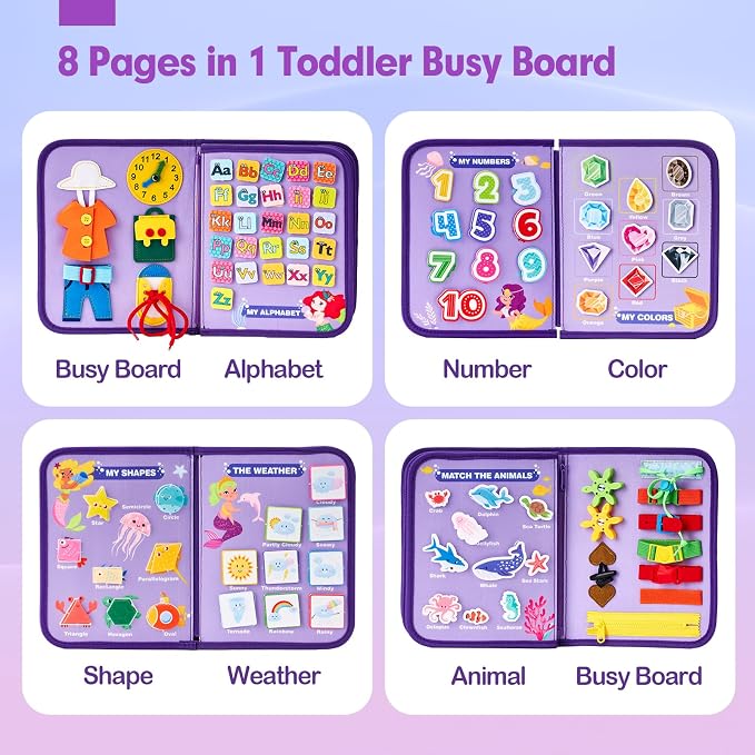 hahaland Busy Board Montessori Toys 3 Year Old Girl Gifts 3rd Bithday Idea | 8 in 1 Preschool Learning Activities - Educational Toys Little Girls Age 3 Travel Busy Book for Airplane Car Rides
