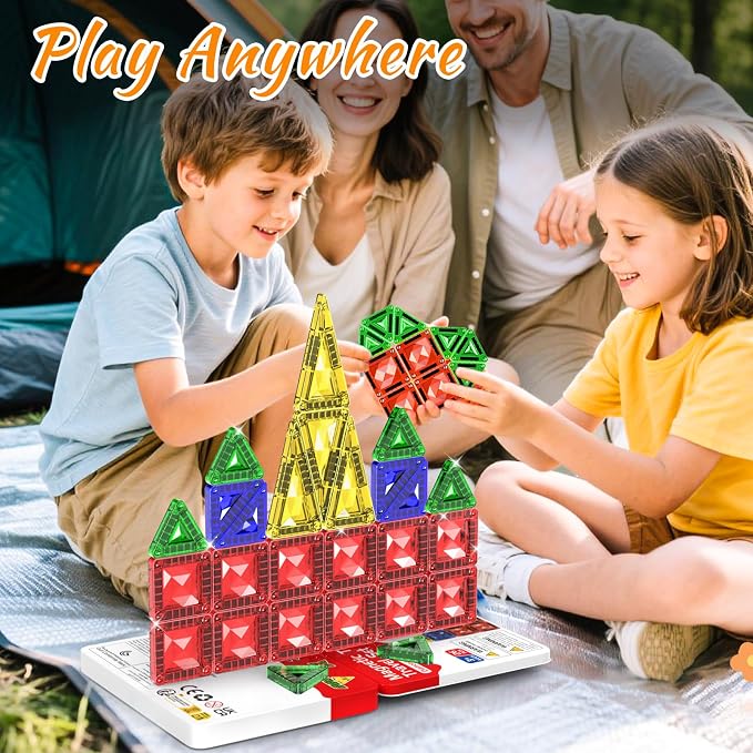 Mini Magnetic Tiles for Kids Ages 3-8, Travel Magnetic Building Blocks with Metal Storage Box, STEM Educational Toys, Montessori Sensory Learning Toys for Toddlers, Gift for Boys & Girls