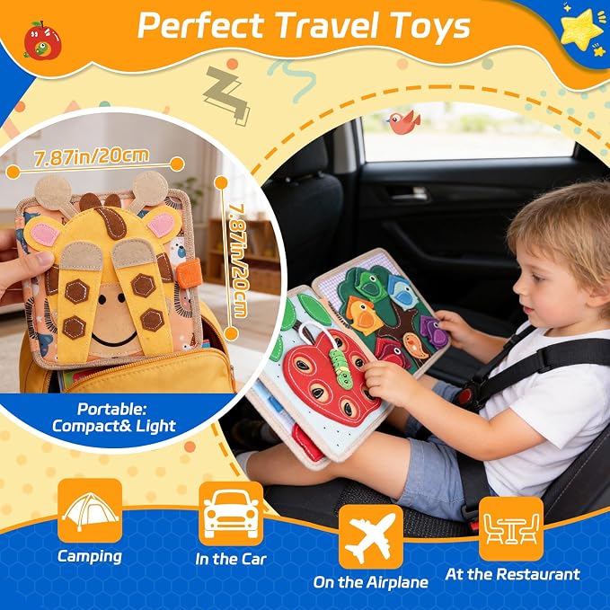 Giraffe Busy Book for Toddlers 1-3, Montessori Toys Toddler Busy Board for 1 Year Old, Felt Quiet Book Sensory Learning Activity Books, Airplane Car Travel Toys, Gifts for Boys Girls 1+