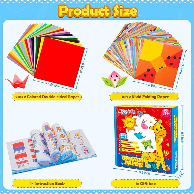 308 Sheets Origami Paper Kit for Kids Ages 5-8 8-12 with Instructional Book | Origami Projects for Beginners, DIY Art Craft Supplies for School Class Lessons, Christmas Birthday Gifts for Boys & Girls