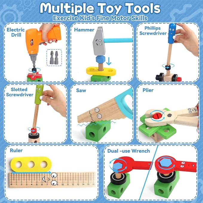 Wooden Kids Tool Set with Drill, Montessori Toys for 3 Year Old Boys | 44 Pcs with Apron & Box Easy Storage STEM Tool Set for Pretend & Fine Motor Skills Birthday Gifts for 3 4 5 Year Old Boy Girl