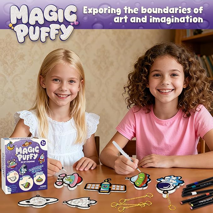 Artnedu Magic Puffy Paint Kit-Space & Astronauts,3D Art Kit,Mess-Free Toy | DIY Magic Puffy Keychain,Paint By Craft Kits for Kids,Travel Toys & Creative Gift for Girls & Boys Ages 4, 5, 6, 7, 8, 9, 10