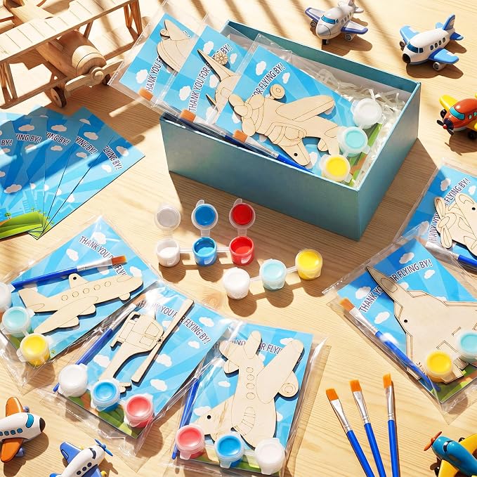 Saypacck 24 Pcs Airplane Party Favors Wooden Paint Craft Kits | DIY Painting Activity for Kids Parties, Includes Paints and Brush per Set, Goodie Bag Stuffers, Aviation Theme Projects