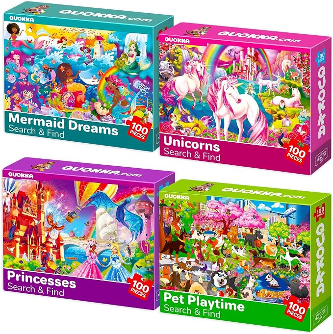 100 Piece Puzzles for Kids Ages 6-8 - 4 Jigsaw Kids Puzzles Ages 4-6 | Search and Find Unicorn Princess Mermaid Toys - Kids Puzzles Ages 8-10 - Educational Game Gift for Boys and Girls