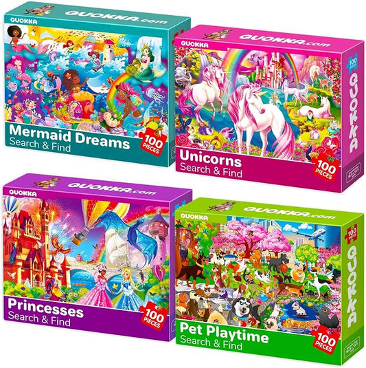 100 Piece Puzzles for Kids Ages 6-8 - 4 Jigsaw Kids Puzzles Ages 4-6 | Search and Find Unicorn Princess Mermaid Toys - Kids Puzzles Ages 8-10 - Educational Game Gift for Boys and Girls