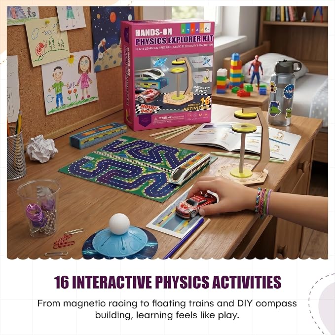 Physics Science Kit for Kids Ages 8-12 | STEM Educational Gift with 16 Experiments | Static Electricity, Magnetism & Air Pressure | DIY Science Set for Boys & Girls Birthday Christmas