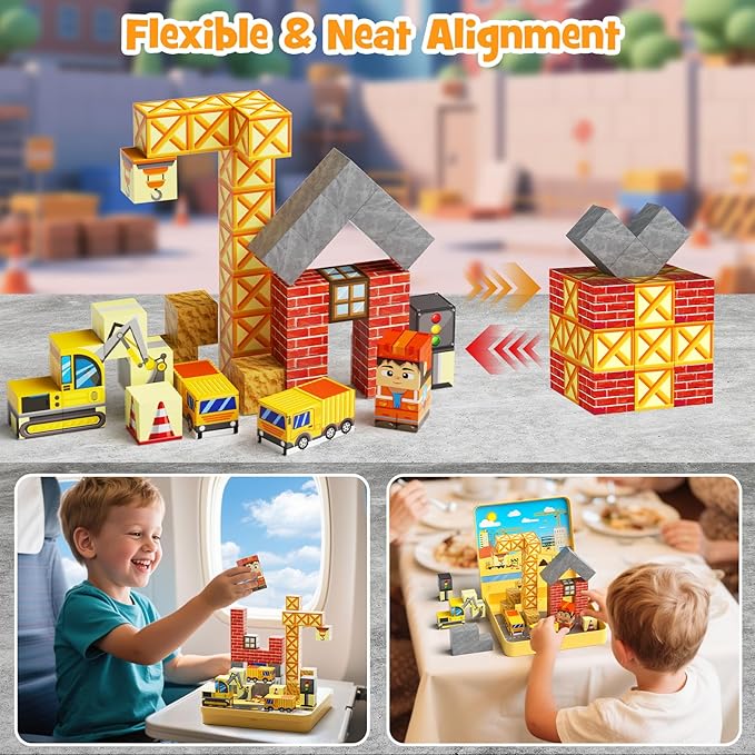 Magnetic Engineering Travel STEM：49PCS Mini Blocks Kit for Ages 3-8 | N32 Strong Magnets, Iron Box Baseplate, 49 Builds, 40+ Min Focus, 1-Min Storage, ASTM & CPSIA Certified, Perfect for Travel
