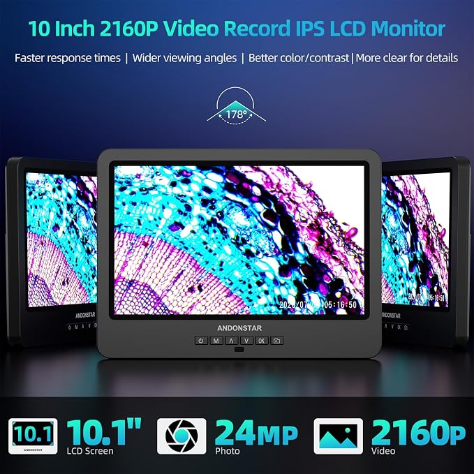 Andonstar AD269S 20X-5000X HDMI Digital Microscope, 5 Lens 2160P UHD Video | 10.1'' LCD IPS Screen, Metal Biological Stand, X-Y Moveable Stage, Endoscope, Home Lab Microscope Kit with Slides, 32GB Card
