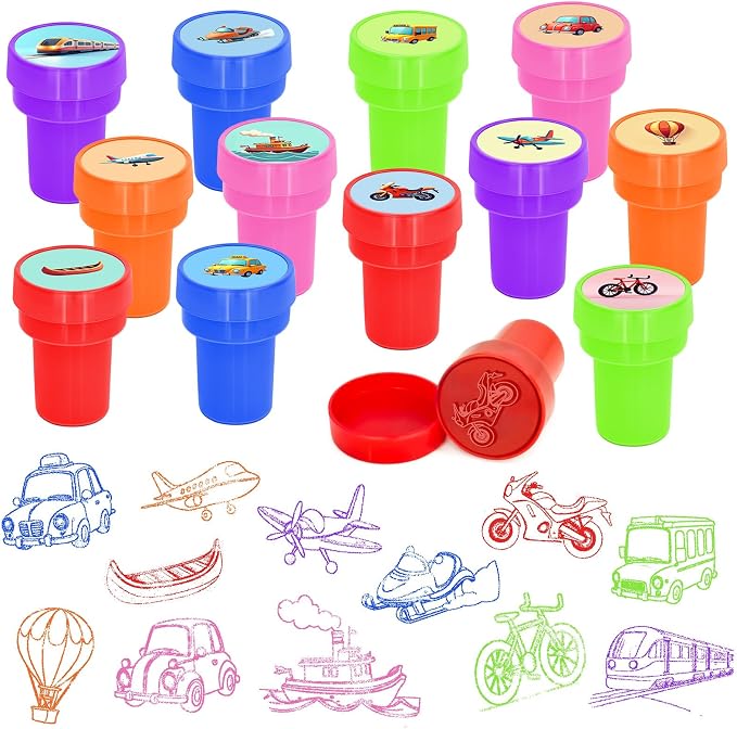 Cinrobiye 24 Pcs Transportation Stampers Party Favor Set, Cute Vehicle Stamps for Kids Birthday Party, Classroom Rewards, Educational Learning Toys, Goody Bag Fillers, Themed Party Supplies