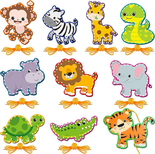 10 Pcs Kids Lacing Cards Double Sided Animal Sewing Cards Kits 10 Styles Lacing Toy Crafts for Toddler Ages 6+ Developing Imagination Preschool Learning Activity Supplies(Jungle Style)