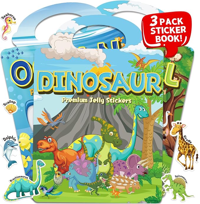 3 Sets of Reusable Jelly Stickers Books - Jelly Sticker Books for Kids - Airplane and Car Travel Toys Educational Gifts for Boys and Girls (Dinosaur+Ocean+Animal