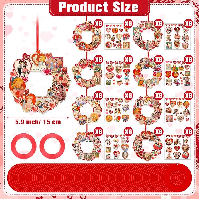 Hollowfly 48 Sets Vintage Valentine DIY Wreath Craft Kit for Kids Classroom