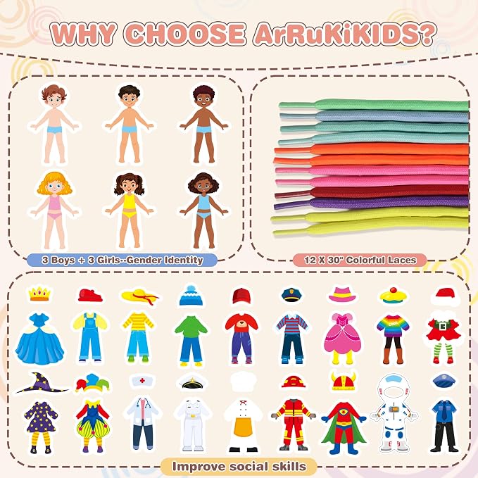 18PCS Dress Up Lacing Card | Girl Montessori Toys Sewing Kits for Kids | Fine Motor Skills Toy for Preschool, Learning Activities Kindergarten Toys,Classroom Supplies