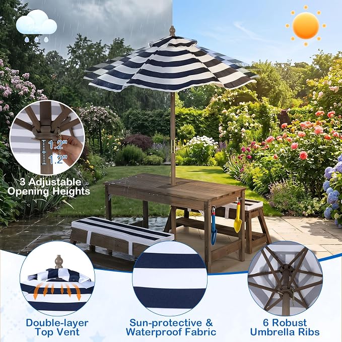 Costzon 4-in-1 Kids Picnic Table with Umbrella, Sand & Water Sensory Bins | Wooden Toddler Outdoor Table with Benches, Cushions, Cover, Gardening Tools, Kids Outdoor Furniture for Patio Backyard