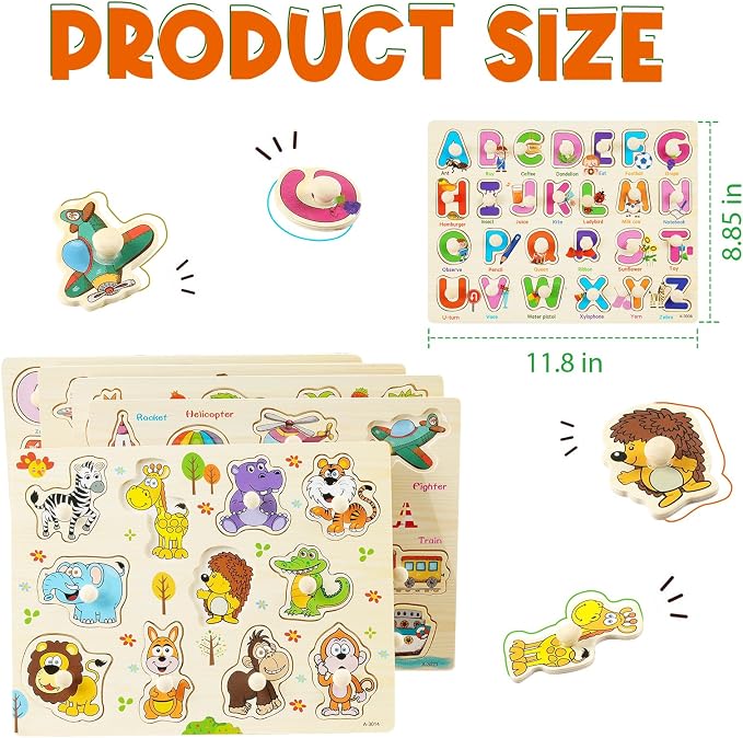 Wooden Peg Puzzles for Toddlers, 6 Pack Toddler Puzzles Set for 3 4 5 Years Old, Preschool Education Learning Puzzle Toys for Girls and Boys (Alphabet Number Animal Vehicle Fruit Occupation)