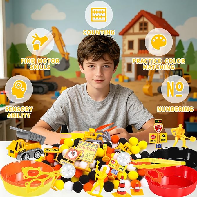 260Pcs Construction Sensory Bin Filler Construction Fine Motor Sensory Bin Items Pom Poms Vehicles Road Signs Worker Figures for Summer Counting Sorting Training Decor