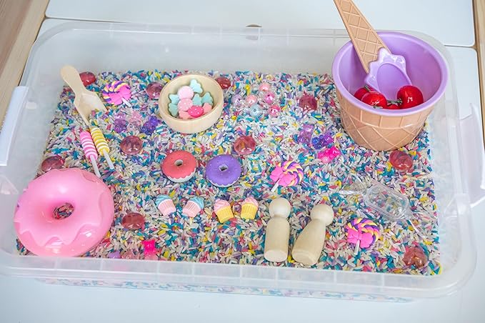 Sweets Shop Sensory Bin Kit for Kids | Bright Rainbow Rice, Candy Erasers, Donut Containers & Wooden Tools – Includes Clear Storage Bin
