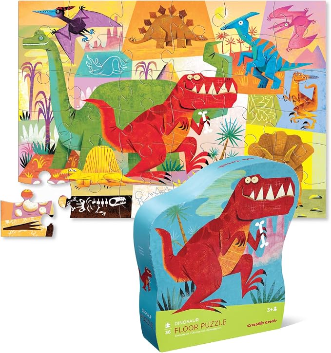 Crocodile Creek 36-Piece Jigsaw Floor Puzzle - Fun Floor Puzzles for Kids Ages 3-5 - Heavy-Duty Shaped Box for Storage - Dinosaur - 24" W x 18" H Finished