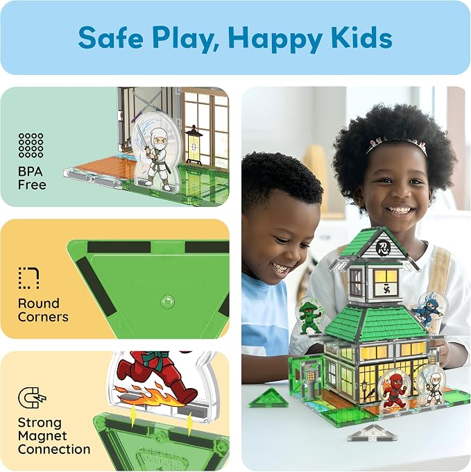 PicassoTiles Magnetic Tile Ninja Dojo Theme Set Two Sided Printed Designs Interior Exterior 3D Magnet Tiles 4 Character Ninjas STEM Education Learning Kit Building Blocks Toys Kids Ages 3 4 6 7 PTQ107