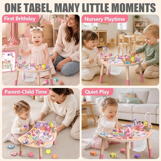Wooden Activity Table, Montessori Busy Board for Toddlers 1-3 | Unicorn 10-in-1 Sensory Learning Toy with Bead Maze, Shape Matching, Gears, Clock — Birthday Gift for 1 2 3 Year Old Kids